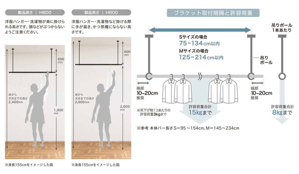 室内物干し ランドリーバー TOSO LB1セット Sサイズ 高さ60cm ( 室内物干しセット 物干し竿 吊り下げ物干し 吊り下げ 物干し ポール 竿 室内干し 天井 吊り下げ金具 竿セット コンパクト 収納 壁収納 シンプル ) 【ブラック】 ブラック