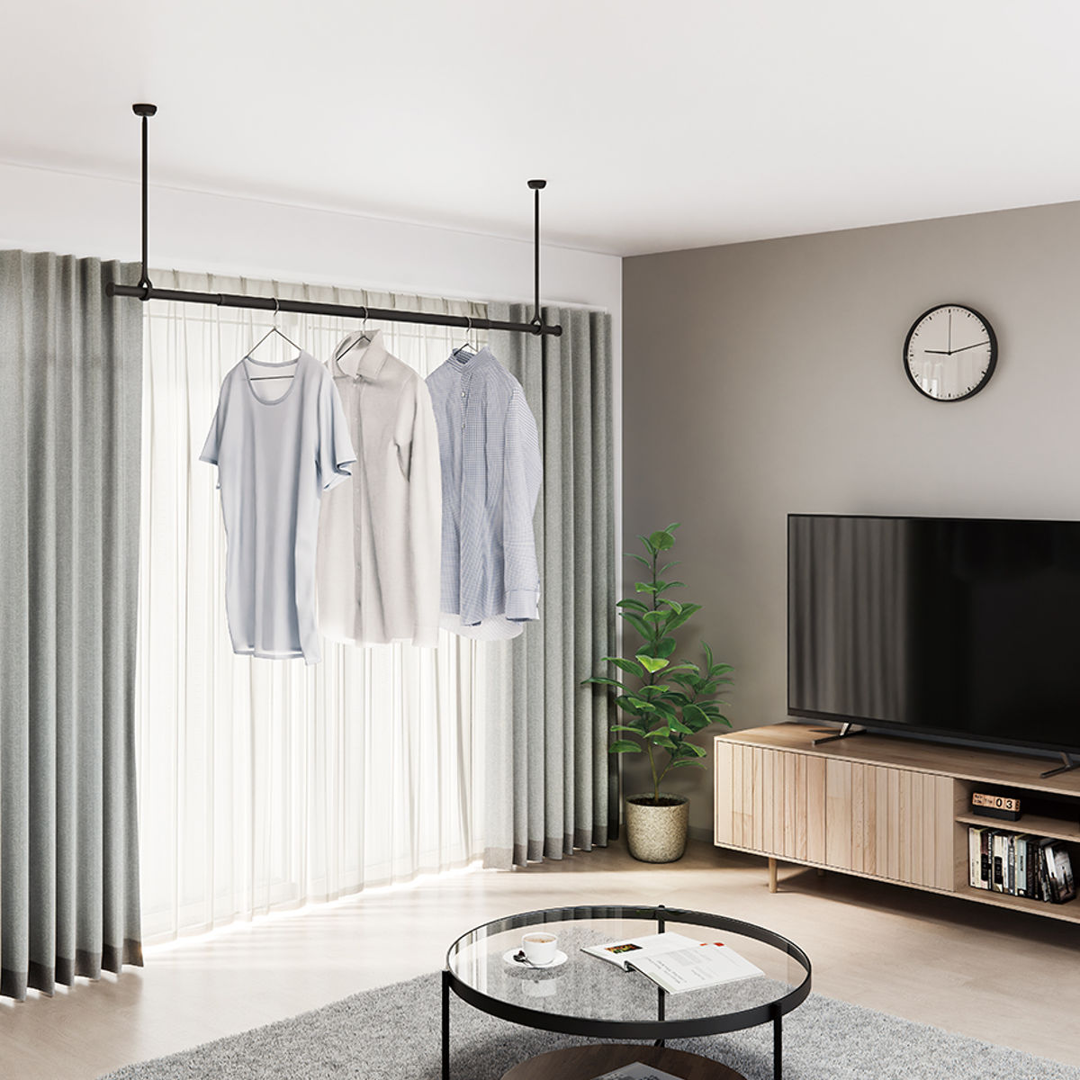 室内物干し 本体バーのみ ランドリーバー TOSO LB1 Mサイズ ( 物干し竿 本体バー 物干し 竿 伸縮 1本 竿のみ 145~234cm 室内干し 部屋干し 室内伸縮竿 コンパクト 収納 壁収納 インテリア デザイン性 オシャレ ) 【ブラック】 ブラック