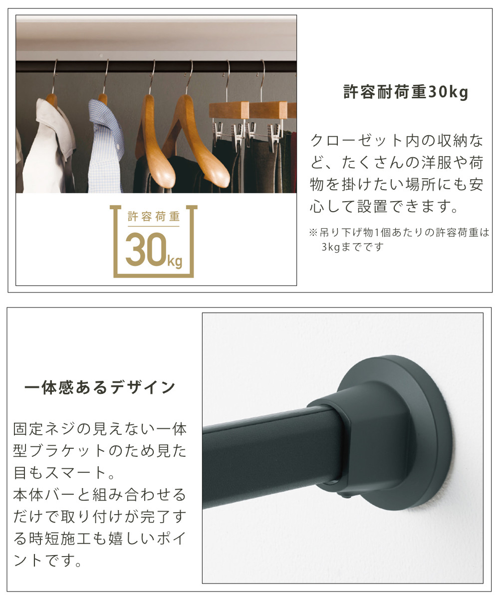 ハンギングバー H-3 壁面付け Iタイプ セット 幅90cm TOSO ( 収納 専用 バー DIY 取付け 衣類収納 衣類 洋服 服 コート掛け クローゼット 玄関 ウォークインクローゼット ファミリークローゼット 壁 壁面 ちょいかけ ちょい掛け ) 【ブラック】 ブラック