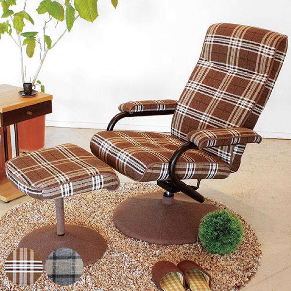 パーソナルチェア オットマン付き チェック柄 リクライニング 肘掛け ファブリック ソファ 1人掛け チェア パーソナルチェア オットマン付き チェック柄 リクライニング 肘掛け