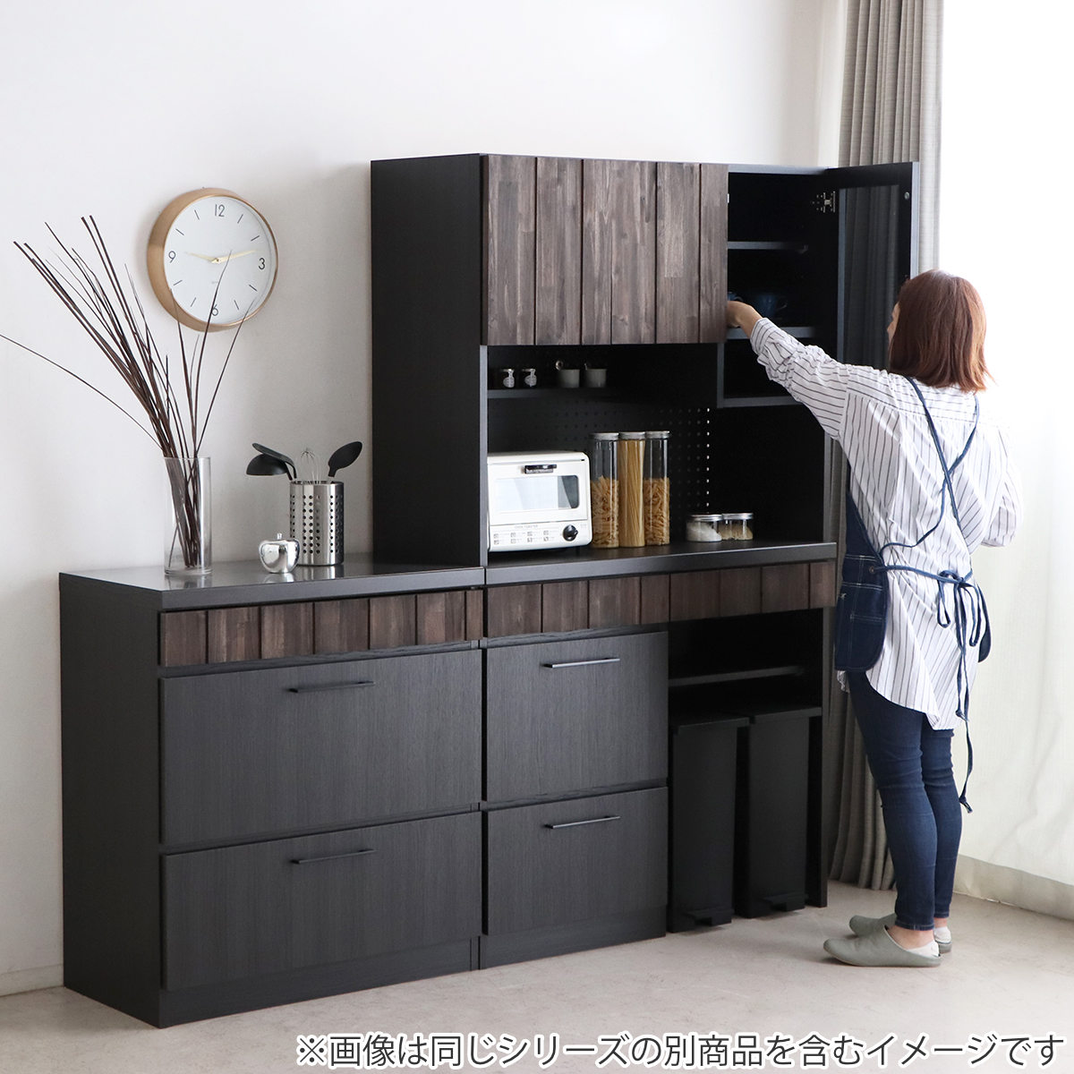 【エントリー＆購入で全品マイル4倍】 キッチンボード 食器棚 ガラス上台 ダスト下台タイプ RESE 幅105cm （ カップボード キッチン収納  収納 食器収納 日本製 完成品 キッチンキャビネット 棚 家電収納 ごみ箱上収納 木製 引出し ）