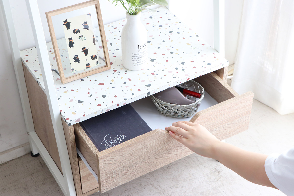 引出し付シェルフ 幅59cm テラゾー柄 小ぶり （ シェルフ 棚