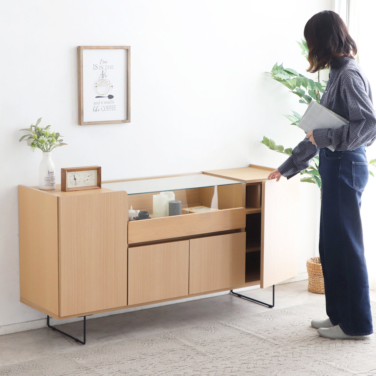 キャビネット 幅149.5cm ガラスケース コレクション ( ラック 棚 シェルフ 飾り棚 ディスプレイ 日本製 完成品 可動棚 お掃除ロボット対応 家具 スライド棚 ブラウン ナチュラル ) 【ブラウン】 ブラウン