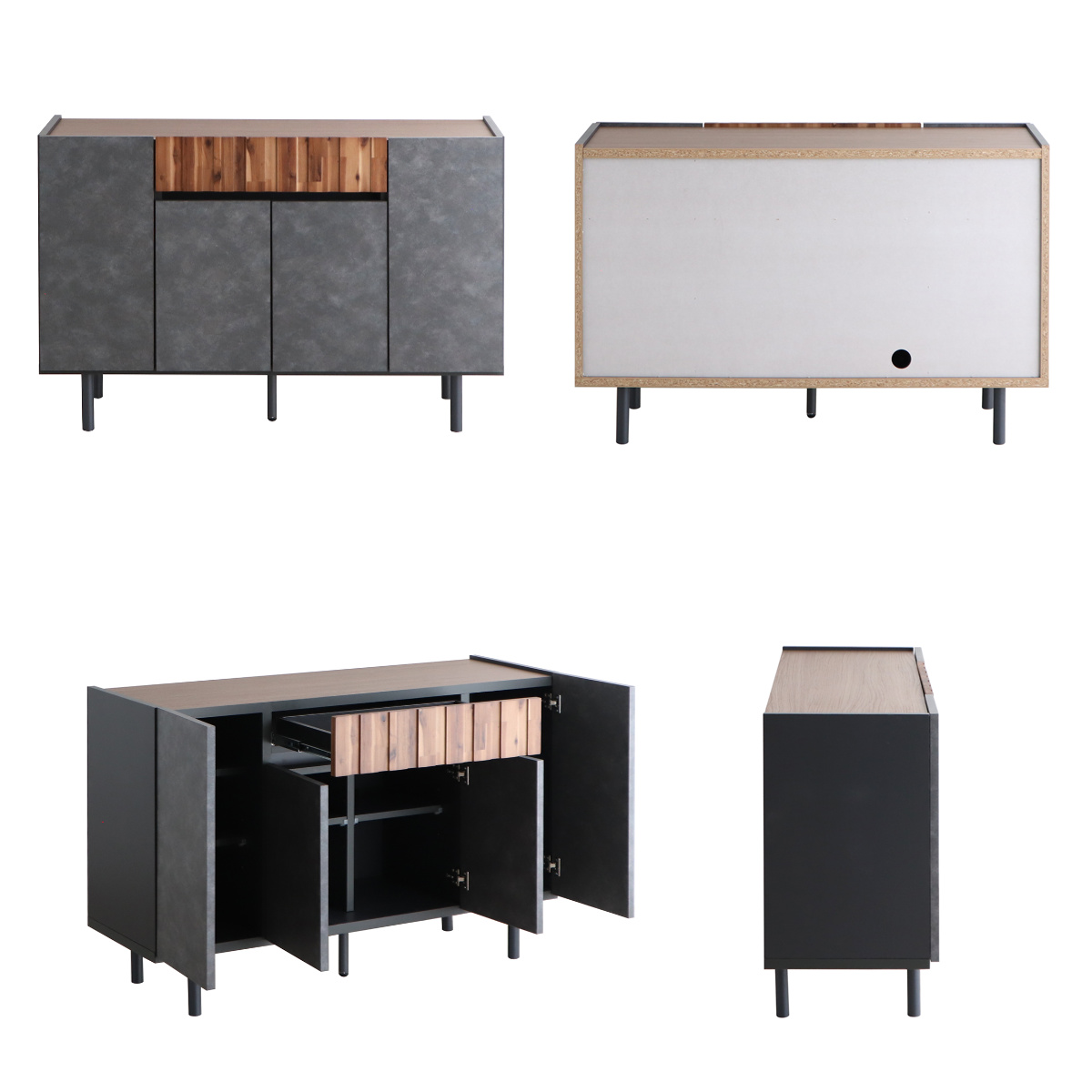 サイドボード 幅118.8cm コンクリート調 アカシア材 モダンデザイン ( ラック 棚 リビング収納 ディスプレイ リビングボード 家具 可動棚 モルタル調 スタイリッシュ )