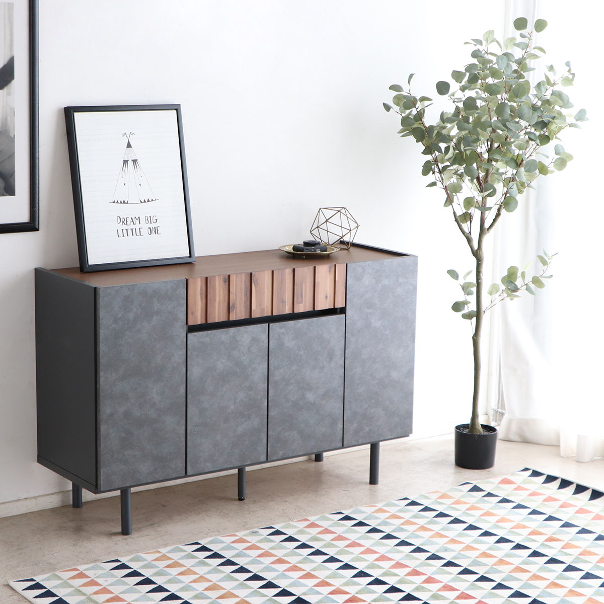 サイドボード 幅118.8cm コンクリート調 アカシア材 モダンデザイン ( ラック 棚 リビング収納 ディスプレイ リビングボード 家具 可動棚 モルタル調 スタイリッシュ )