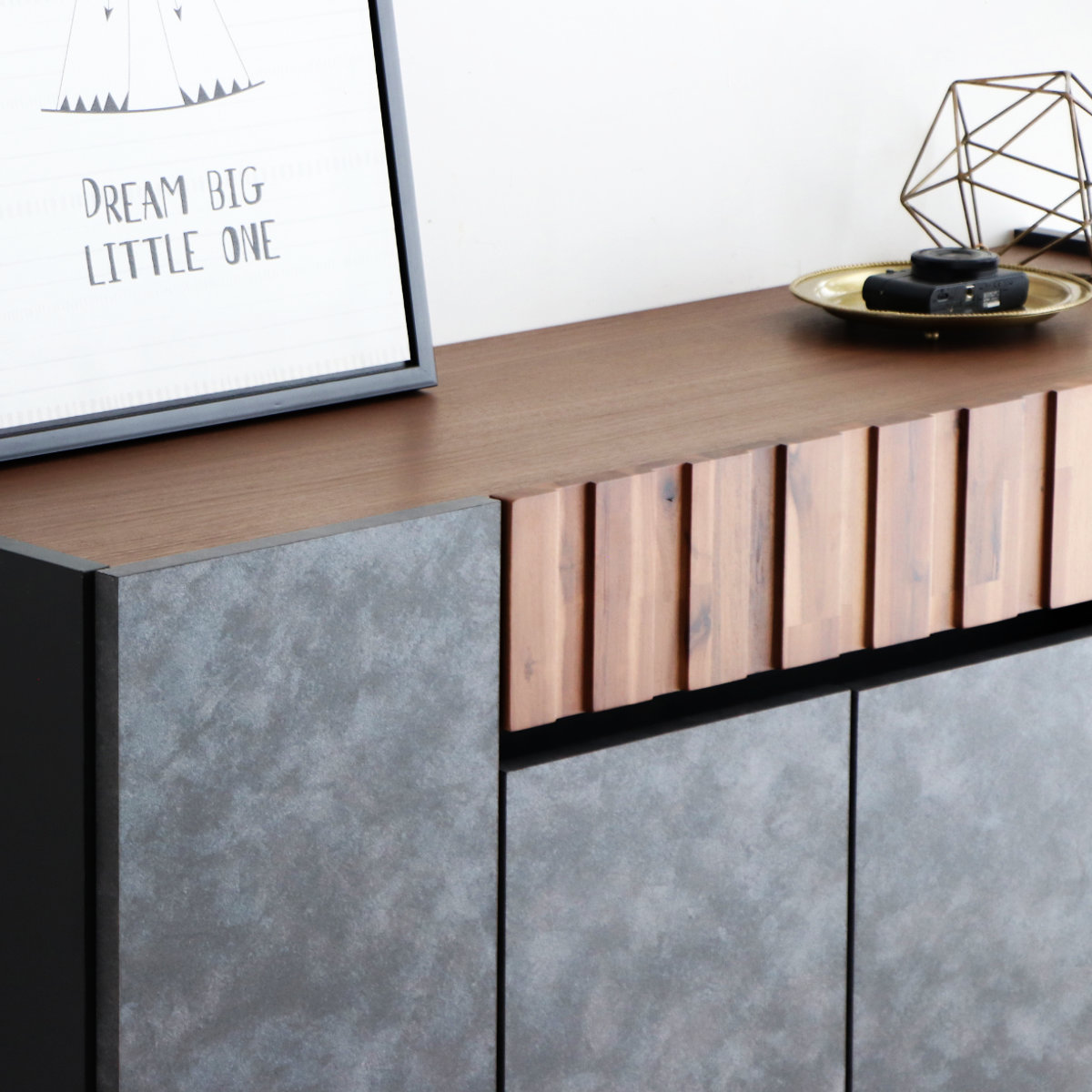 サイドボード 幅118.8cm コンクリート調 アカシア材 モダンデザイン ( ラック 棚 リビング収納 ディスプレイ リビングボード 家具 可動棚 モルタル調 スタイリッシュ )