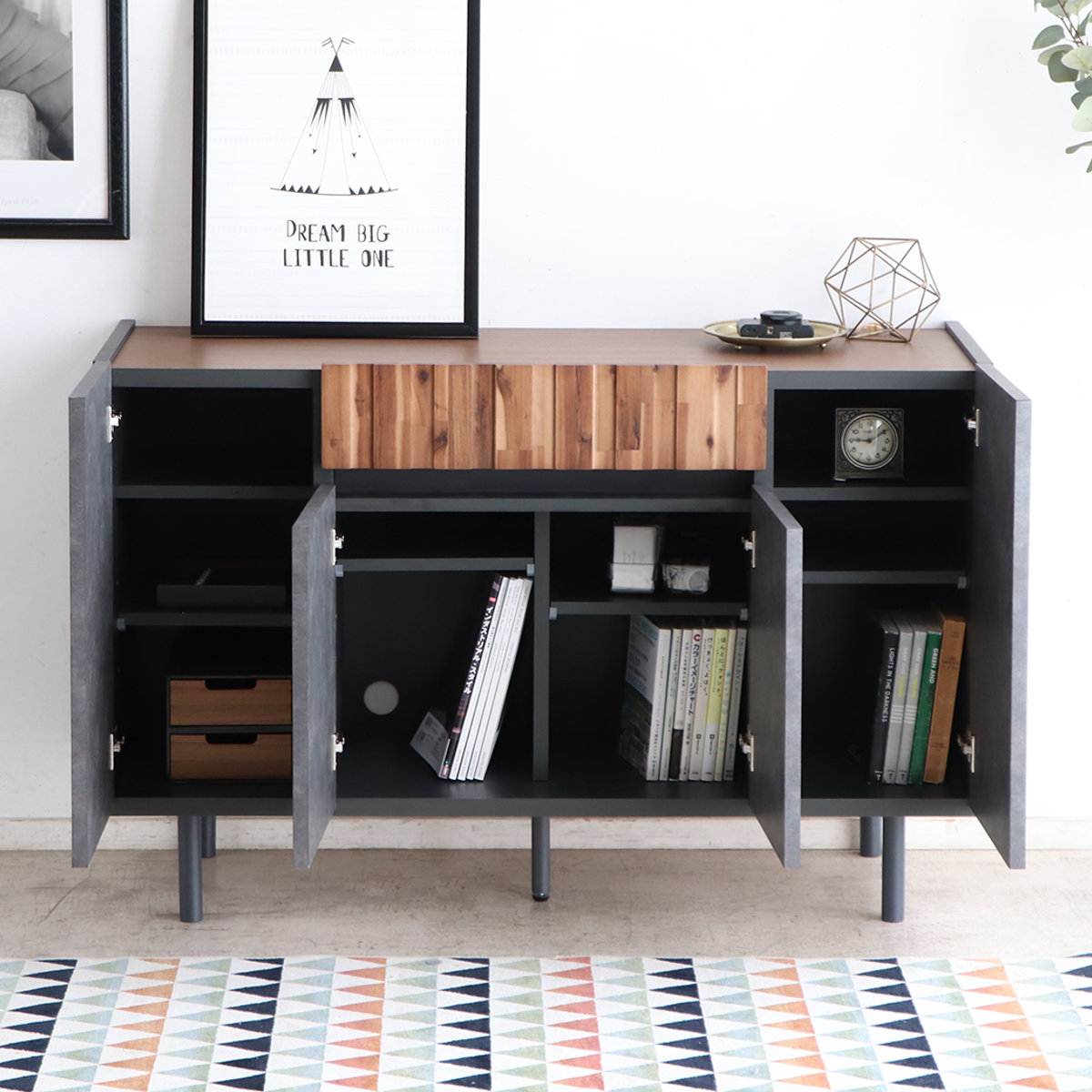 サイドボード 幅118.8cm コンクリート調 アカシア材 モダンデザイン ( ラック 棚 リビング収納 ディスプレイ リビングボード 家具 可動棚 モルタル調 スタイリッシュ )