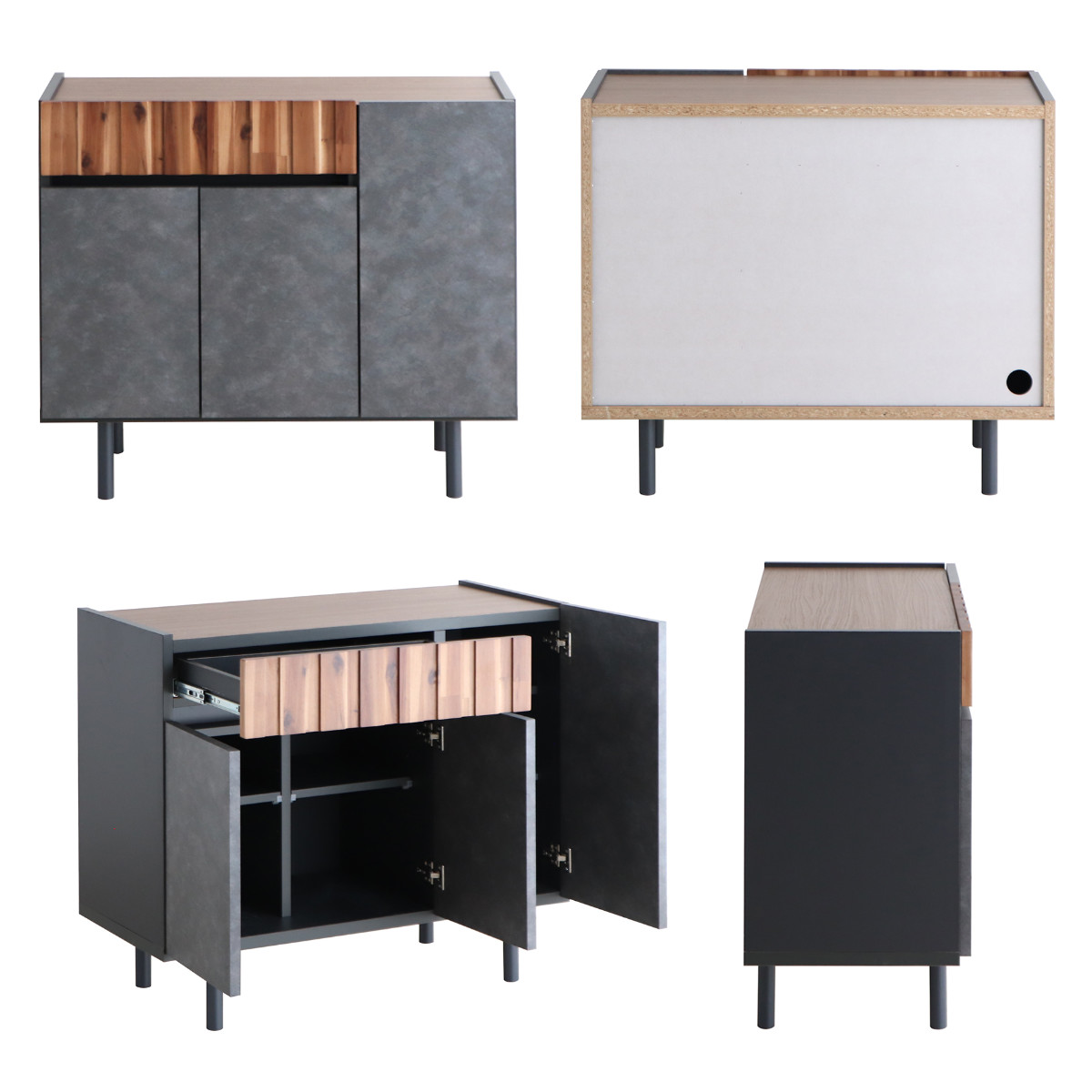 サイドボード 幅89.4cm コンクリート調 アカシア材 モダンデザイン ( ラック 棚 リビング収納 ディスプレイ リビングボード 家具 可動棚 モルタル調 スタイリッシュ )