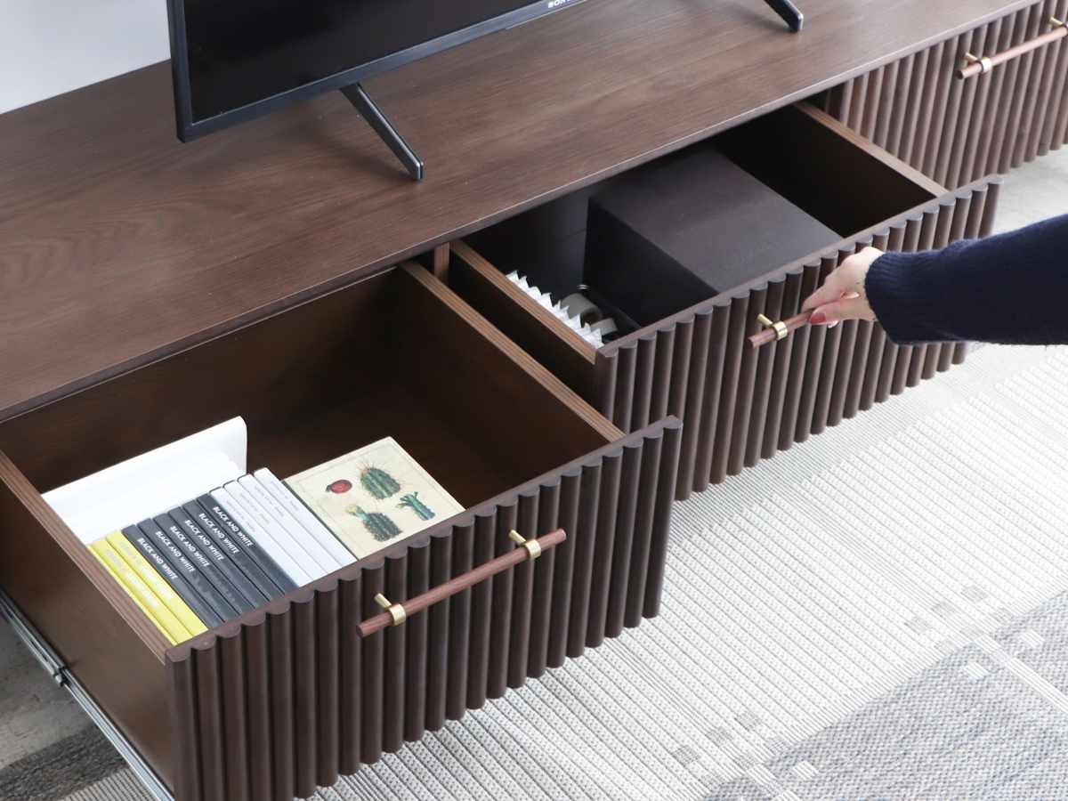 テレビ台 幅200cm 天然木 じゃばら風 ゴールド脚 ( ロペス TV台 テレビボード AVラック 収納 ラック 棚 リビングボード 木製 家具 引出し ブラウン 大型テレビ 80型対応 )