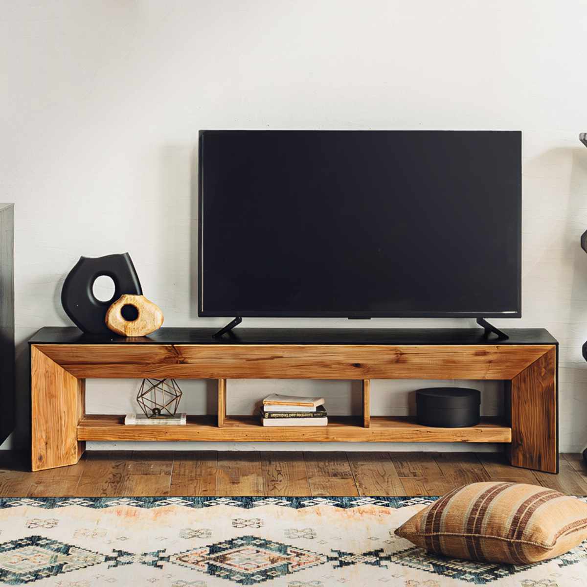 テレビ台 幅180cm ローボード 天然木 完成品 オーク パイン ( 80型対応 テレビボード ヴィンテージ調 脚付き 収納 ラック 木目 ブラック 大型 オープン シェルフ )