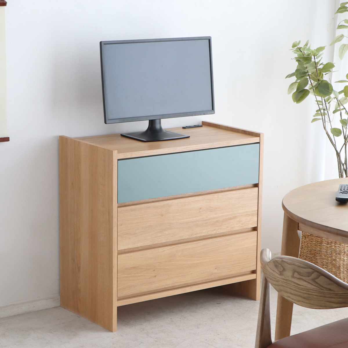 リビングボード 幅75cm 完成品 日本製 木目調 2口コンセント付 フルスライドレール ( 収納 洋服 衣類収納 脚付き テレビ台 チェスト 3段 棚 引き出し プリンター収納 デッキ収納 )