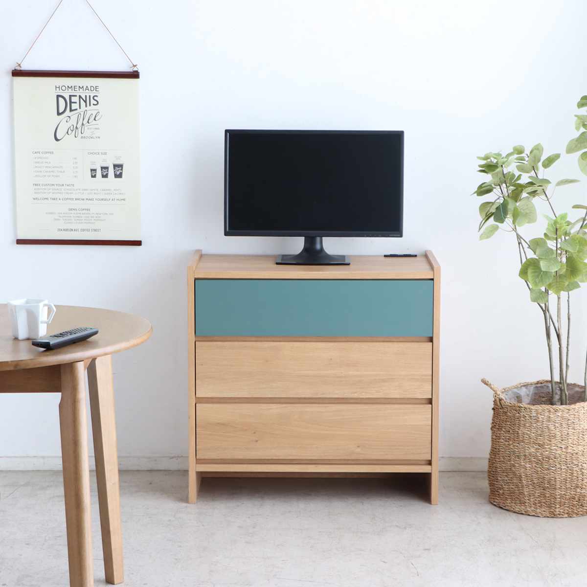 リビングボード 幅75cm 完成品 日本製 木目調 2口コンセント付 フルスライドレール ( 収納 洋服 衣類収納 脚付き テレビ台 チェスト 3段 棚 引き出し プリンター収納 デッキ収納 )