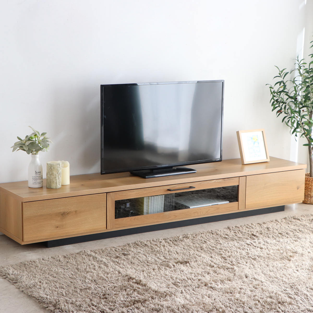 テレビ台 幅200cm ジェイク ローボード 完成品 日本製 ( 80型対応 テレビボード 木目調 引き出し スライドレール リビングボード リモコンOK フロート風 収納 ガラス コード穴 ブラウン ナチュラル ブラック ) 【ナチュラル】 ナチュラル