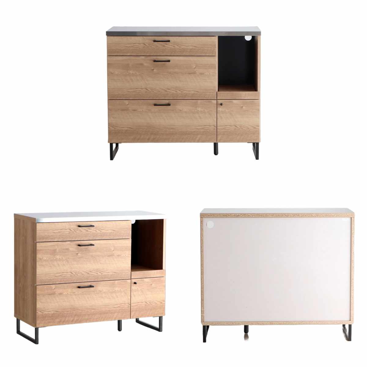 キッチンカウンター 幅104.7cm ステンレス 天板 木目調 日本製 完成品 ( スライド棚 家電収納 キッチン収納 引き出し 3段 脚付き フルスライドレール 木目 炊飯器 電気ポット 引出 ステンレス天板 作業台 コード穴 )