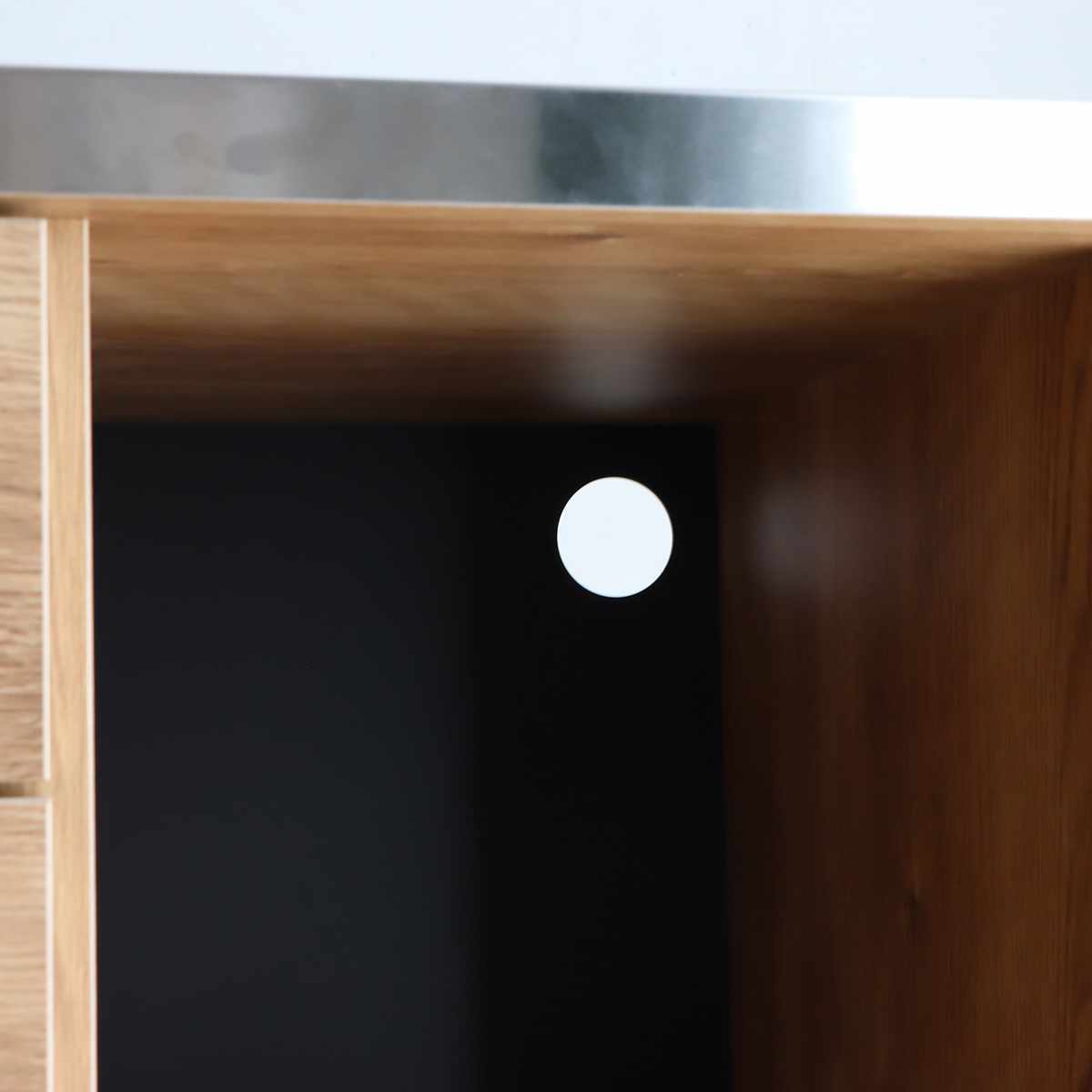 キッチンカウンター 幅104.7cm ステンレス 天板 木目調 日本製 完成品 ( スライド棚 家電収納 キッチン収納 引き出し 3段 脚付き フルスライドレール 木目 炊飯器 電気ポット 引出 ステンレス天板 作業台 コード穴 )