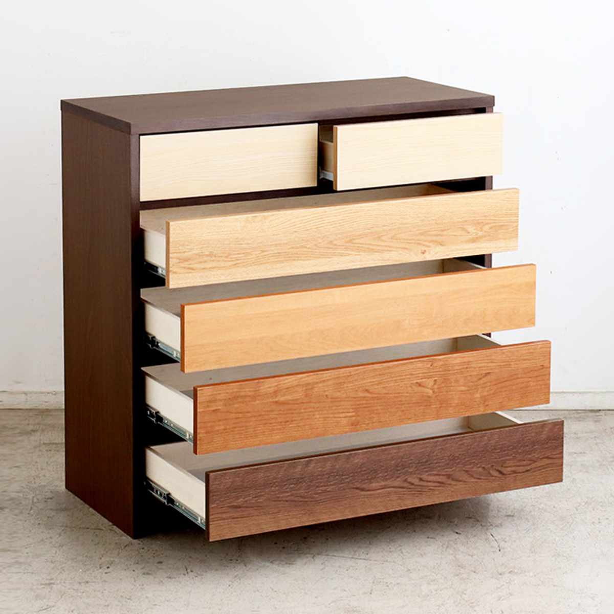 チェスト 5段 幅90cm 木目調 日本製 ( 引き出し 衣類収納 リビング収納 リビングチェスト 脚付き フルスライドレール 背面化粧 木目 引出 グラデーション )