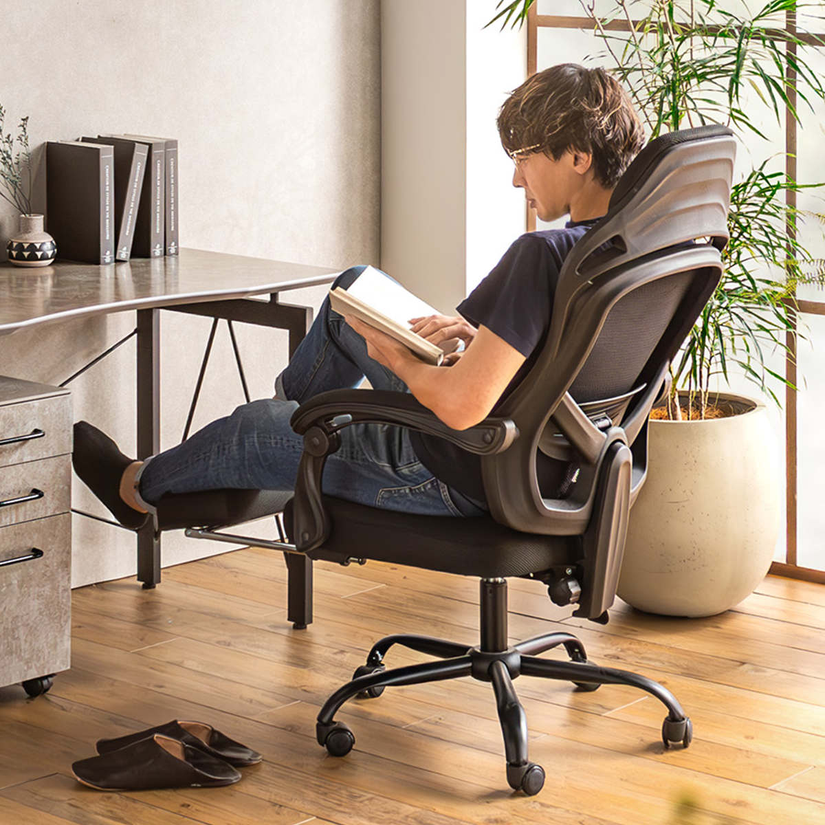 オフィスチェア 座面高44.5~52.5cm ヘッドレスト付き フットレスト付き メッシュ FT ( ワークチェア パソコンチェア ハイバック 肘掛け リクライニング デスクチェア 座面 高さ調節 キャスター付き チェア イス オフィス 仕事 ) 【レッド】 レッド