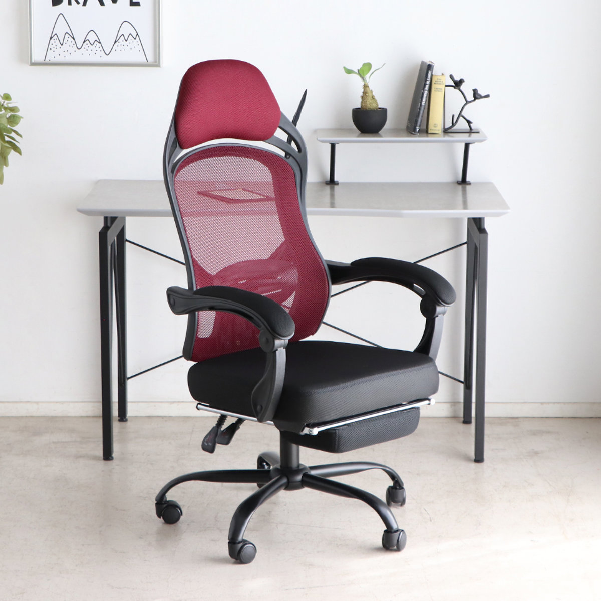 オフィスチェア 座面高44.5~52.5cm ヘッドレスト付き フットレスト付き メッシュ FT ( ワークチェア パソコンチェア ハイバック 肘掛け リクライニング デスクチェア 座面 高さ調節 キャスター付き チェア イス オフィス 仕事 ) 【レッド】 レッド