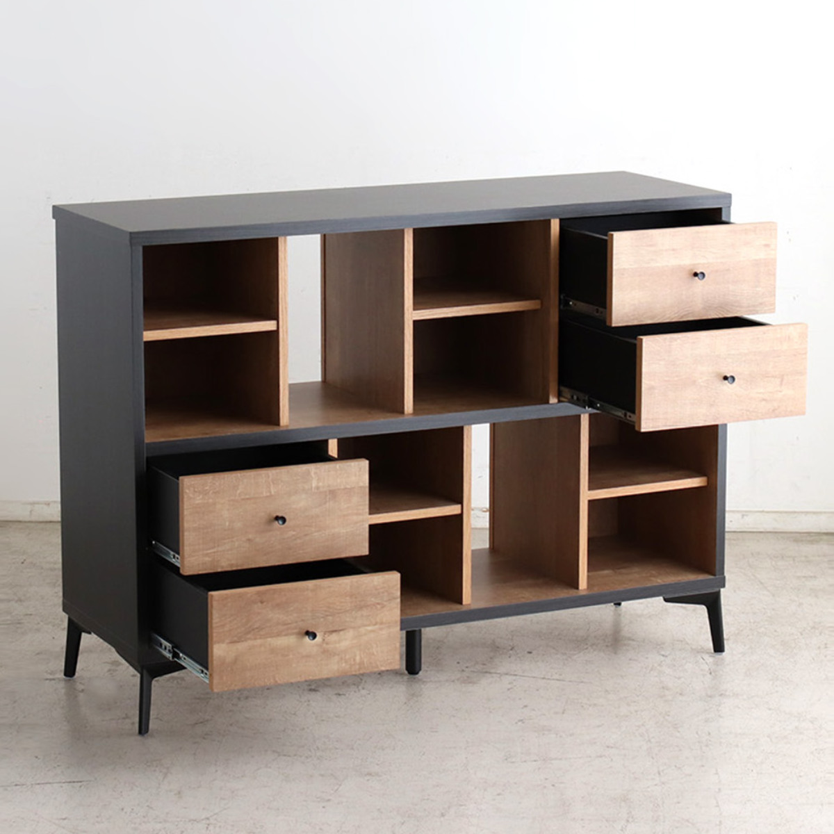 ローシェルフ 幅120cm 引き出し 木目調 日本製 脚付き ( シェルフ 本棚 ラック 収納 飾り棚 間仕切り ディスプレイ オープンラック バイカラー 家具 )