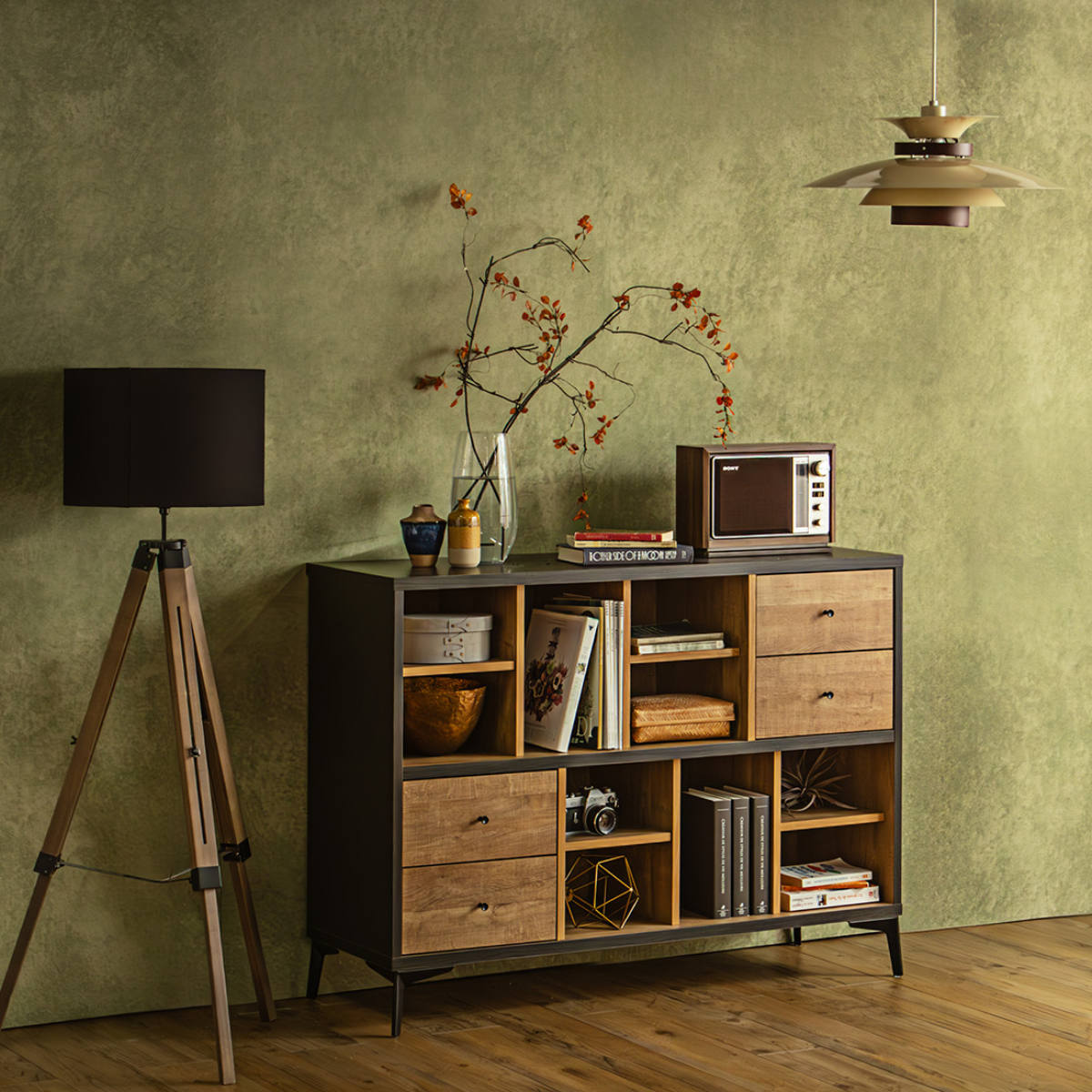 ローシェルフ 幅120cm 引き出し 木目調 日本製 脚付き ( シェルフ 本棚 ラック 収納 飾り棚 間仕切り ディスプレイ オープンラック バイカラー 家具 )