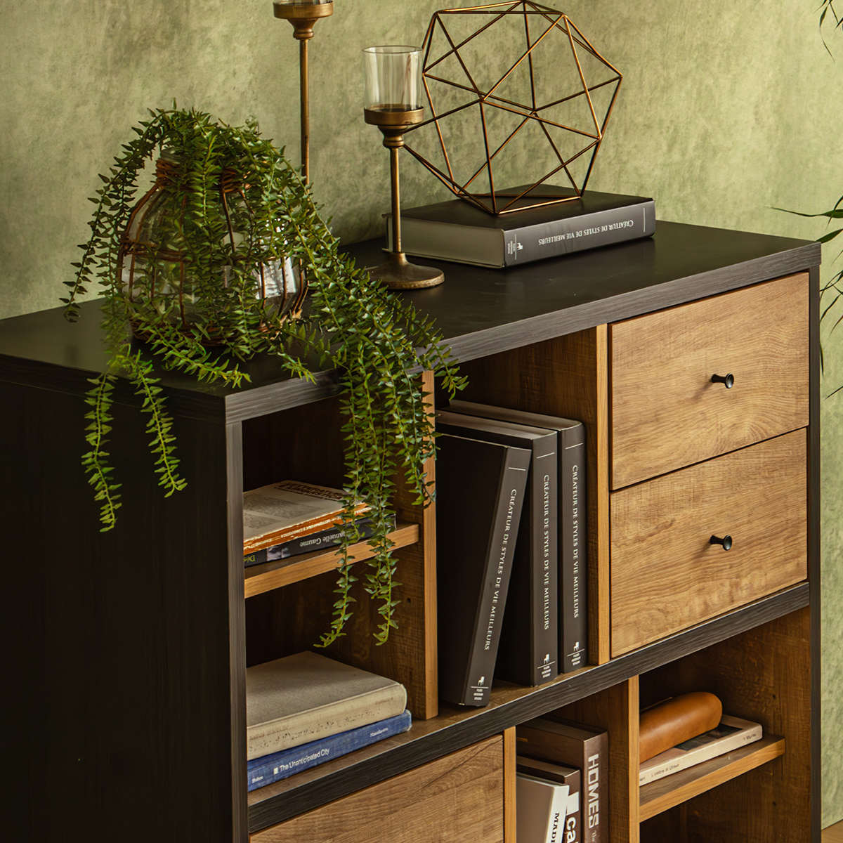 ローシェルフ 幅90cm 引き出し 木目調 日本製 脚付き ( シェルフ 本棚 ラック 収納 飾り棚 間仕切り ディスプレイ オープンラック バイカラー 家具 )