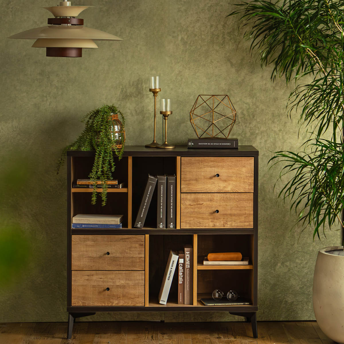 ローシェルフ 幅90cm 引き出し 木目調 日本製 脚付き ( シェルフ 本棚 ラック 収納 飾り棚 間仕切り ディスプレイ オープンラック バイカラー 家具 )