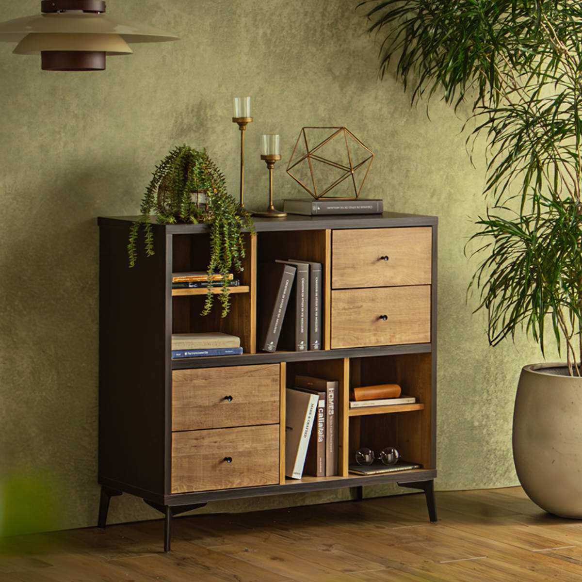 ローシェルフ 幅90cm 引き出し 木目調 日本製 脚付き ( シェルフ 本棚 ラック 収納 飾り棚 間仕切り ディスプレイ オープンラック バイカラー 家具 )