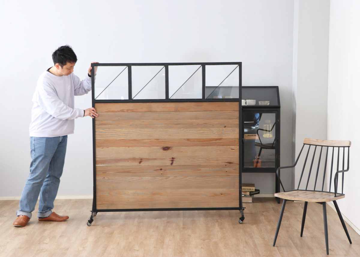 パーテーション 幅140cm 天然木 キャスター付き パイン ( 衝立 目隠し 間仕切り パイン古材 木製 高さ147cm ブラックスチール ついたて スクリーン )