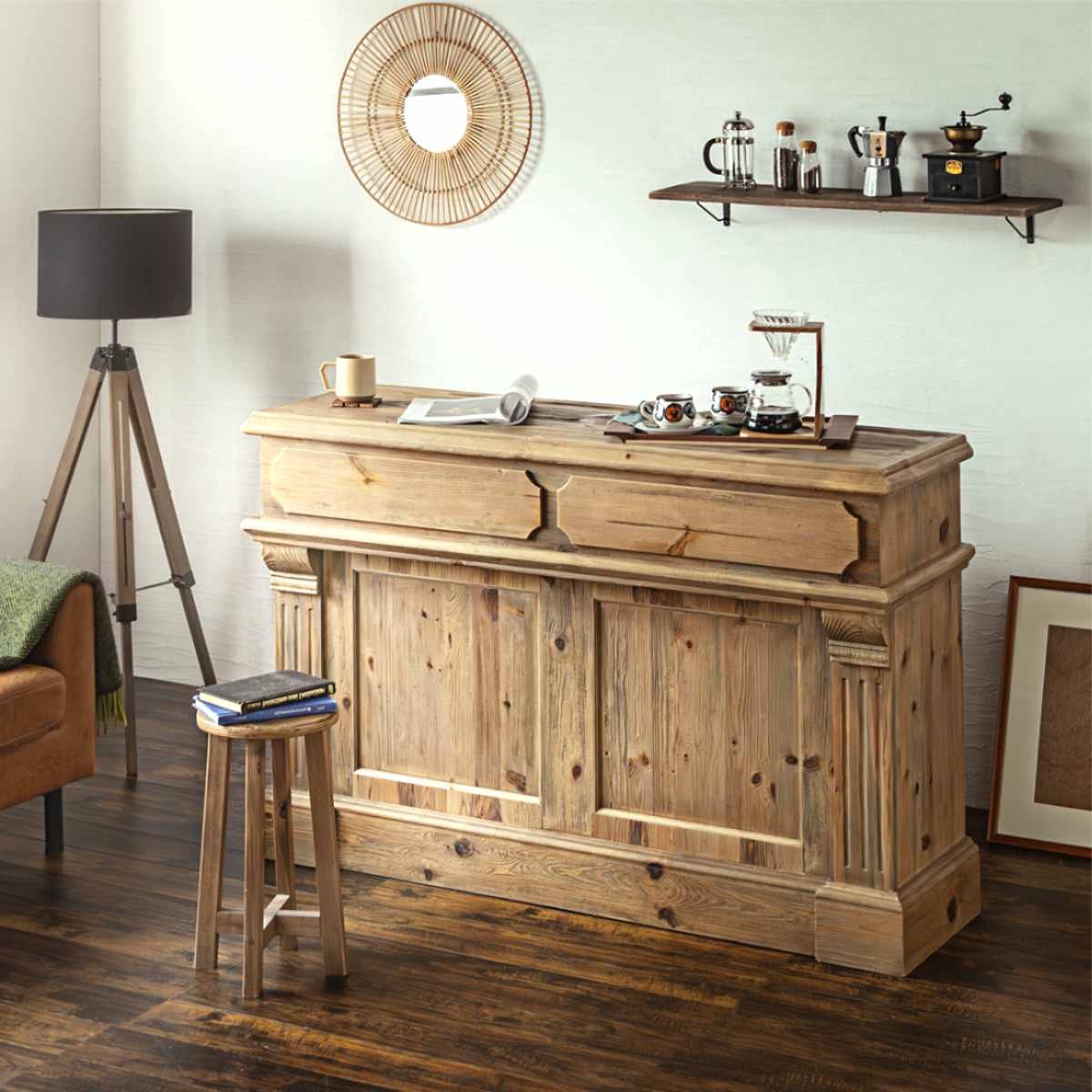 キッチンカウンター 幅150cm 天然木 完成品 ( レジカウンター 受付 浮彫加工 両面 2way 木製 カウンター レジ 飾り棚 引き出し ラック 棚 パイン古材 )