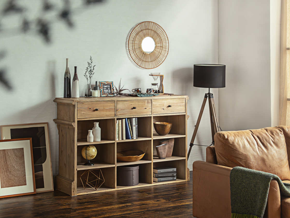 キッチンカウンター 幅150cm 天然木 完成品 ( レジカウンター 受付 浮彫加工 両面 2way 木製 カウンター レジ 飾り棚 引き出し ラック 棚 パイン古材 )