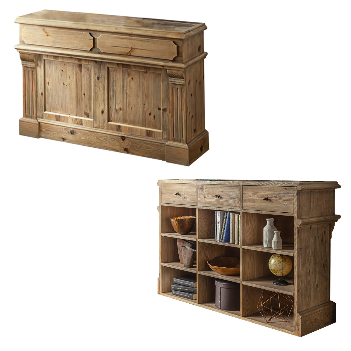 キッチンカウンター 幅150cm 天然木 完成品 ( レジカウンター 受付 浮彫加工 両面 2way 木製 カウンター レジ 飾り棚 引き出し ラック 棚 パイン古材 )