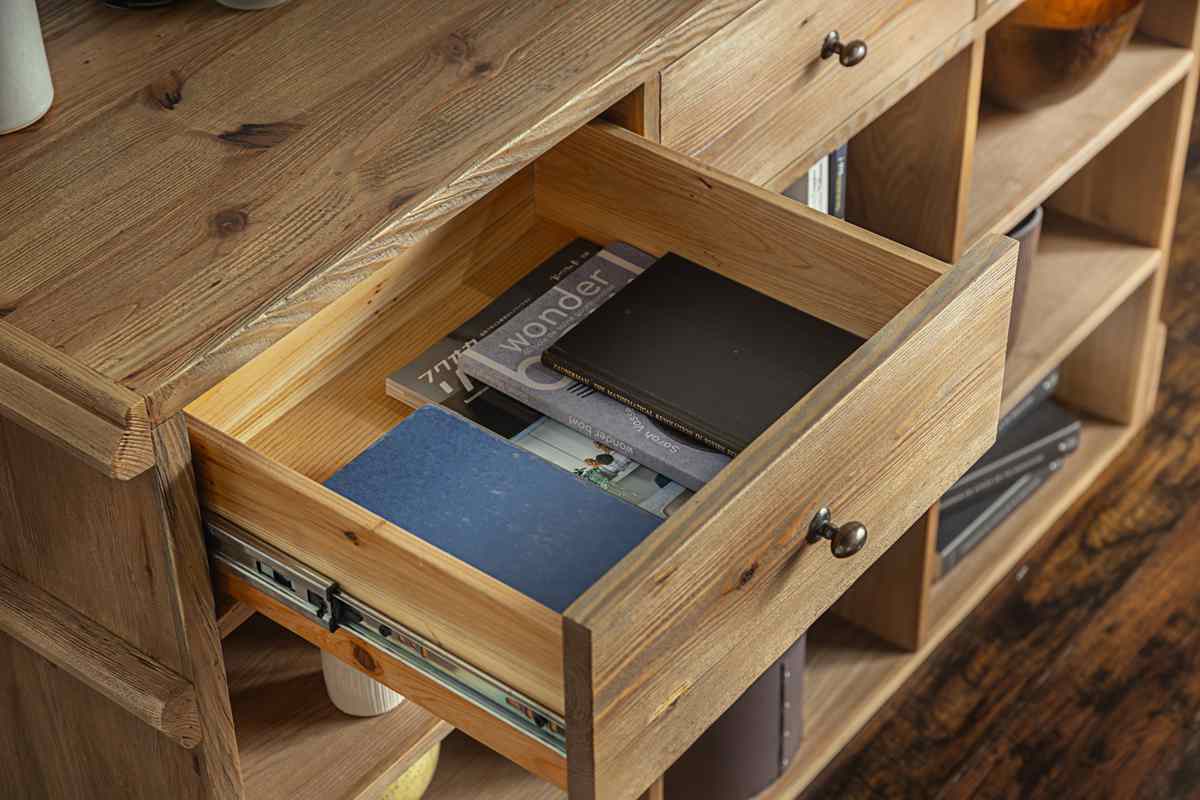 キッチンカウンター 幅150cm 天然木 完成品 ( レジカウンター 受付 浮彫加工 両面 2way 木製 カウンター レジ 飾り棚 引き出し ラック 棚 パイン古材 )