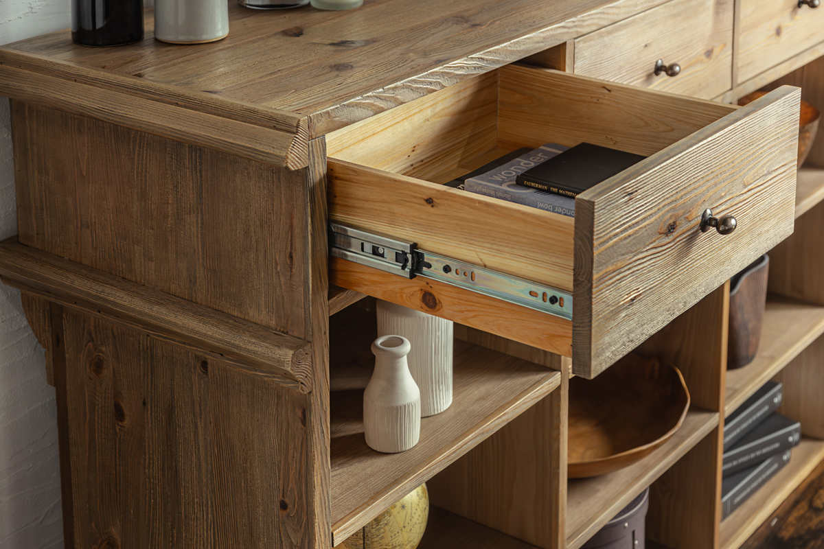 キッチンカウンター 幅150cm 天然木 完成品 ( レジカウンター 受付 浮彫加工 両面 2way 木製 カウンター レジ 飾り棚 引き出し ラック 棚 パイン古材 )