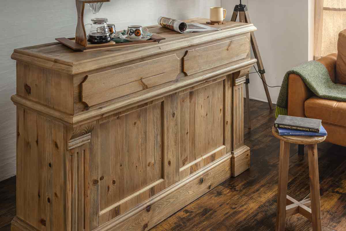 キッチンカウンター 幅150cm 天然木 完成品 ( レジカウンター 受付 浮彫加工 両面 2way 木製 カウンター レジ 飾り棚 引き出し ラック 棚 パイン古材 )