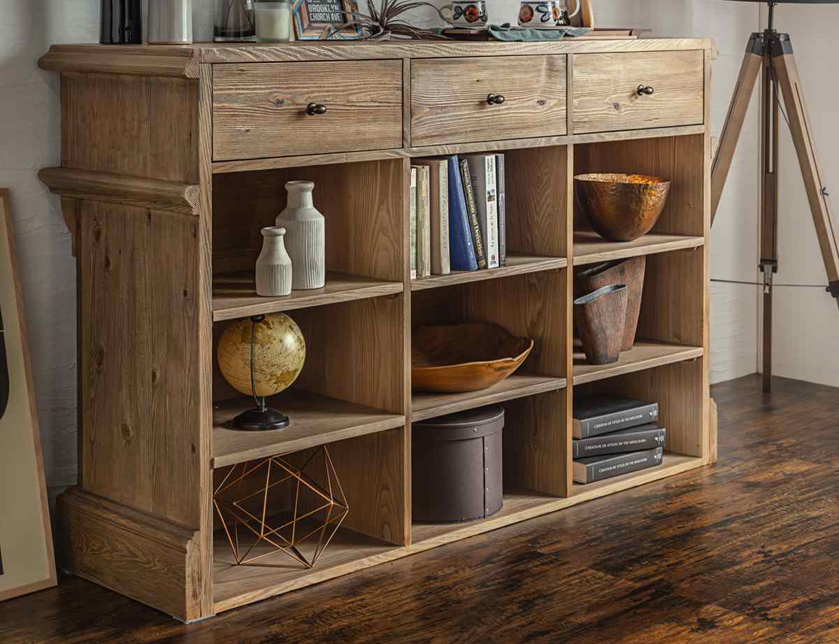 キッチンカウンター 幅150cm 天然木 完成品 ( レジカウンター 受付 浮彫加工 両面 2way 木製 カウンター レジ 飾り棚 引き出し ラック 棚 パイン古材 )