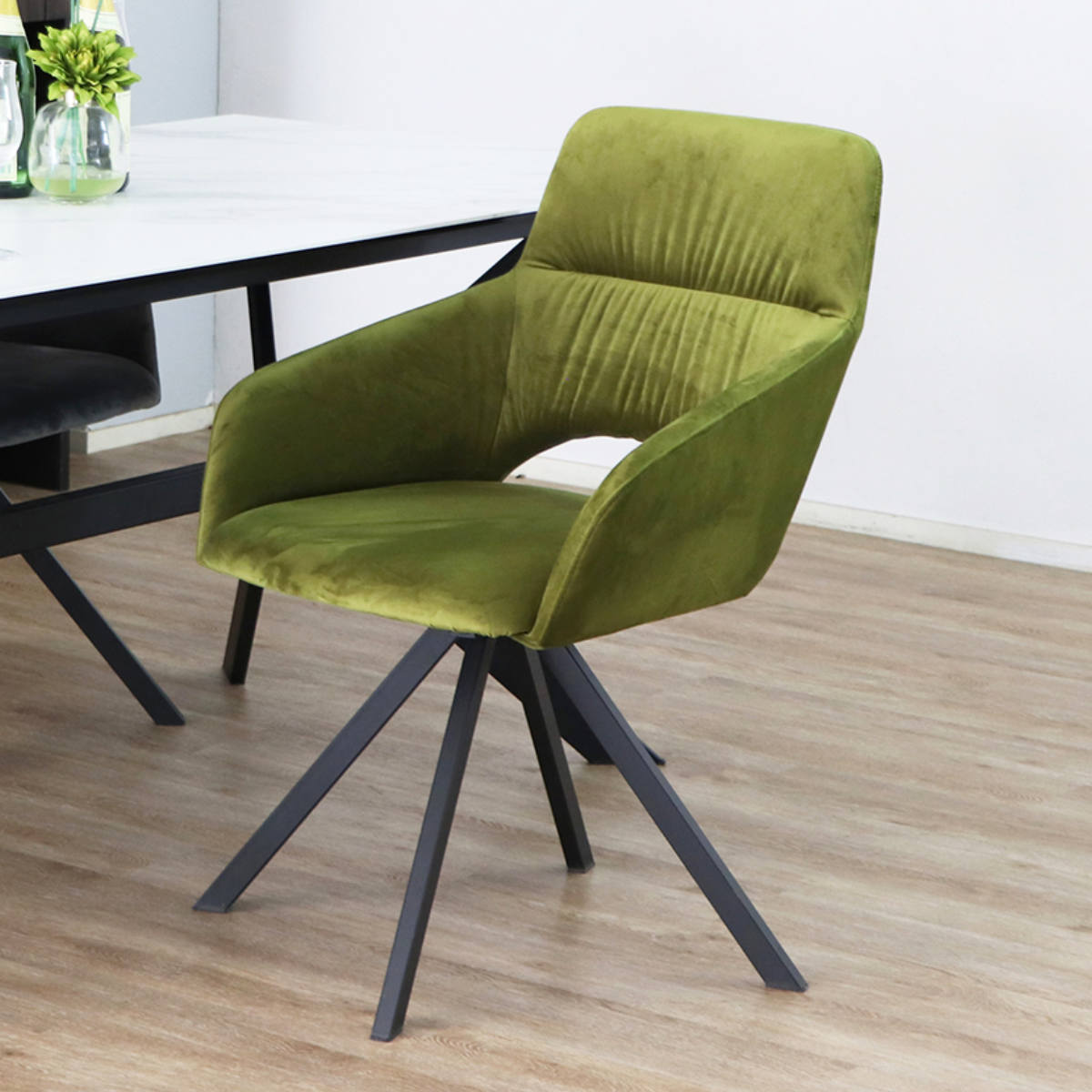 ダイニングチェア 座面高45cm 回転 DAVIS ベルベット調生地 ( チェア ダイニング イス 椅子 食卓椅子 肘掛け ベロア調 回転椅子 デスクチェア いす 食卓 リビング リビングチェア シンプル おしゃれ ) 【グリーン】 グリーン