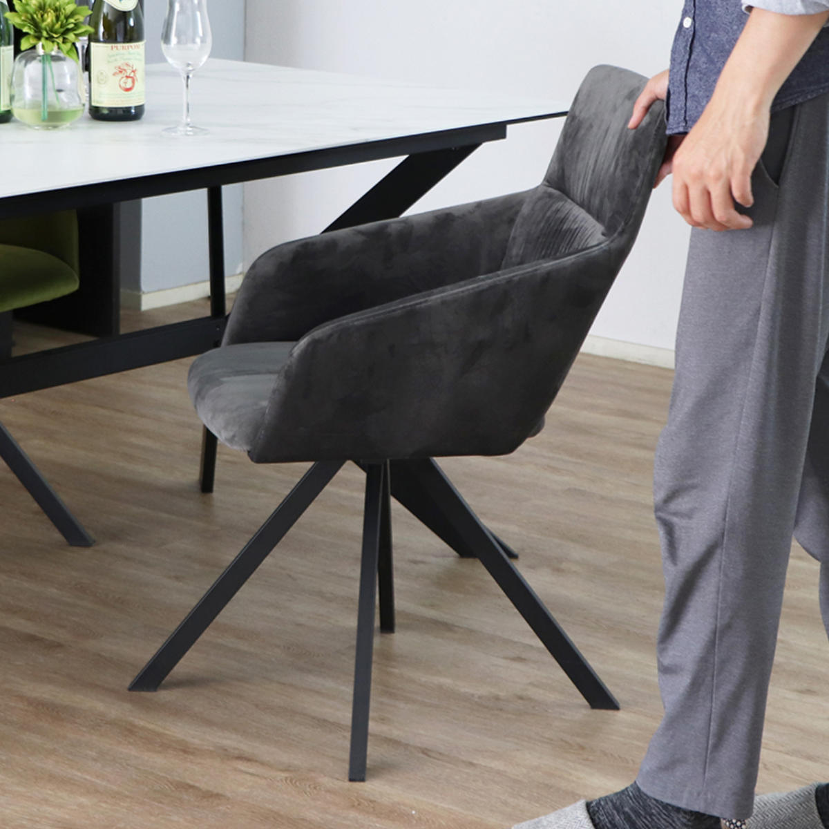 ダイニングチェア 座面高45cm 回転 DAVIS ベルベット調生地 ( チェア ダイニング イス 椅子 食卓椅子 肘掛け ベロア調 回転椅子 デスクチェア いす 食卓 リビング リビングチェア シンプル おしゃれ ) 【グリーン】 グリーン