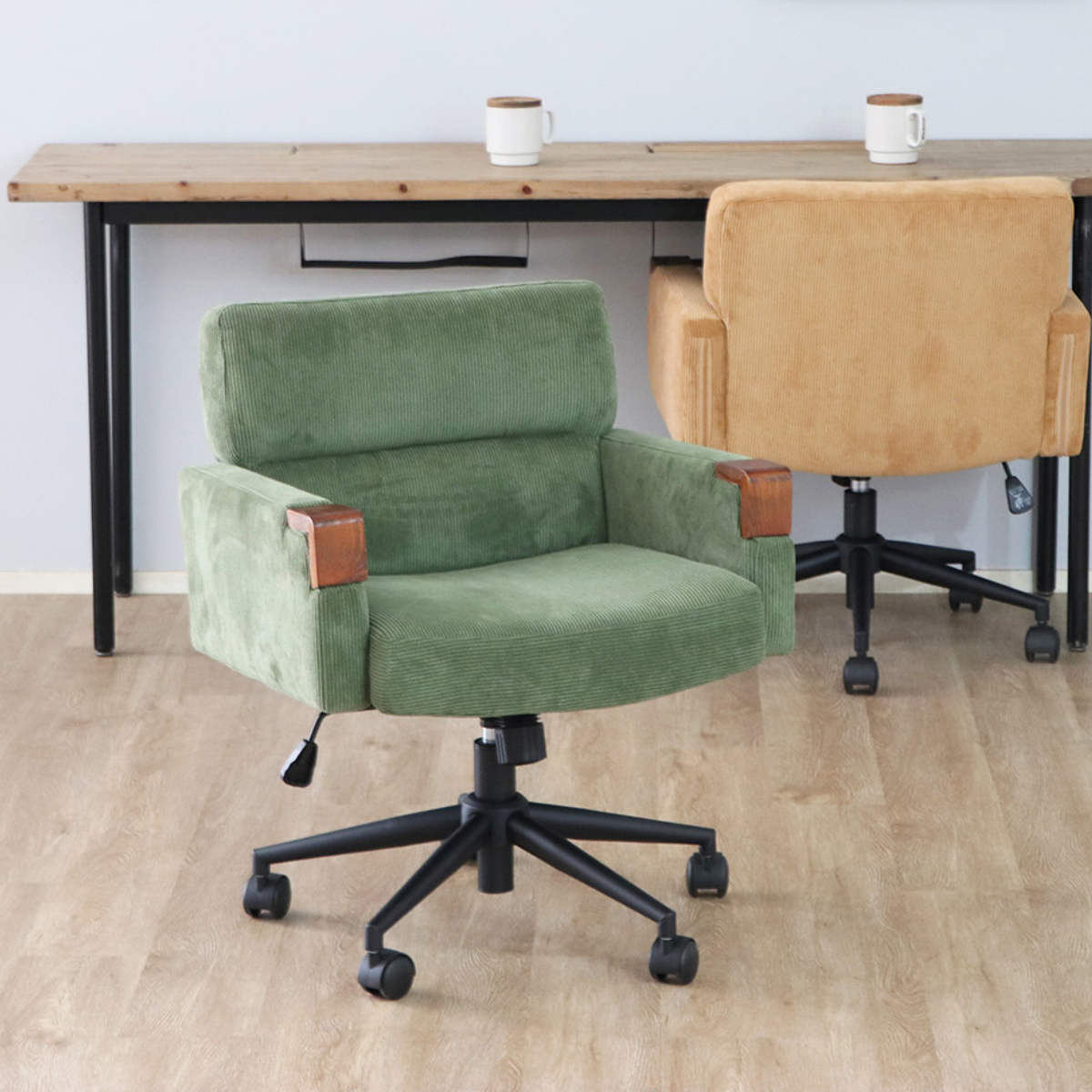 オフィスチェア 座面高43~50.5cm 回転 昇降式 ウォルク コーデュロイ ( ワークチェア パソコンチェア 高さ調節 座面 広め 肘掛け キャスター付き デスクチェア チェア イス オフィス 仕事 在宅 チェアー 椅子 いす ) 【グリーン】 グリーン
