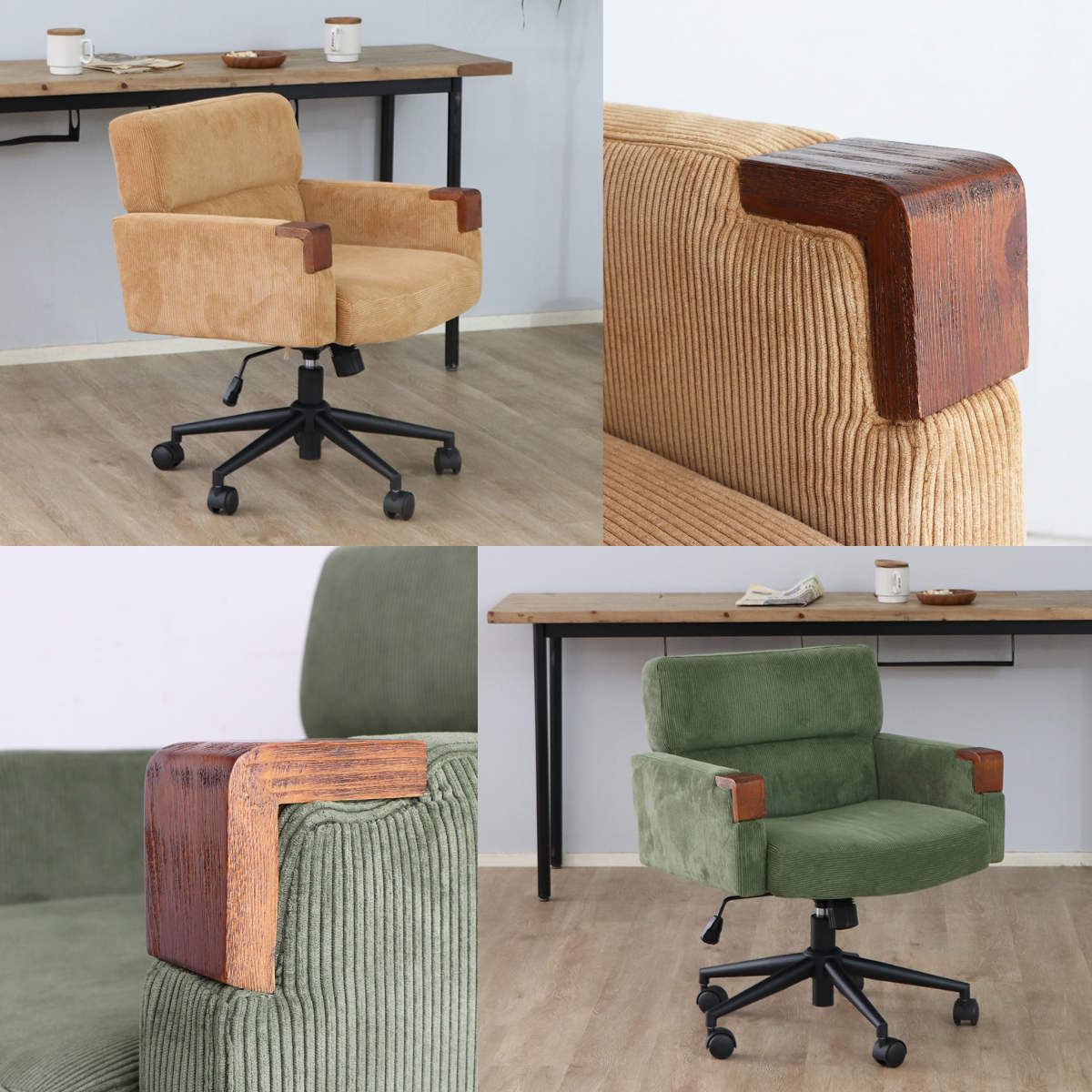 オフィスチェア 座面高43~50.5cm 回転 昇降式 ウォルク コーデュロイ ( ワークチェア パソコンチェア 高さ調節 座面 広め 肘掛け キャスター付き デスクチェア チェア イス オフィス 仕事 在宅 チェアー 椅子 いす ) 【グリーン】 グリーン