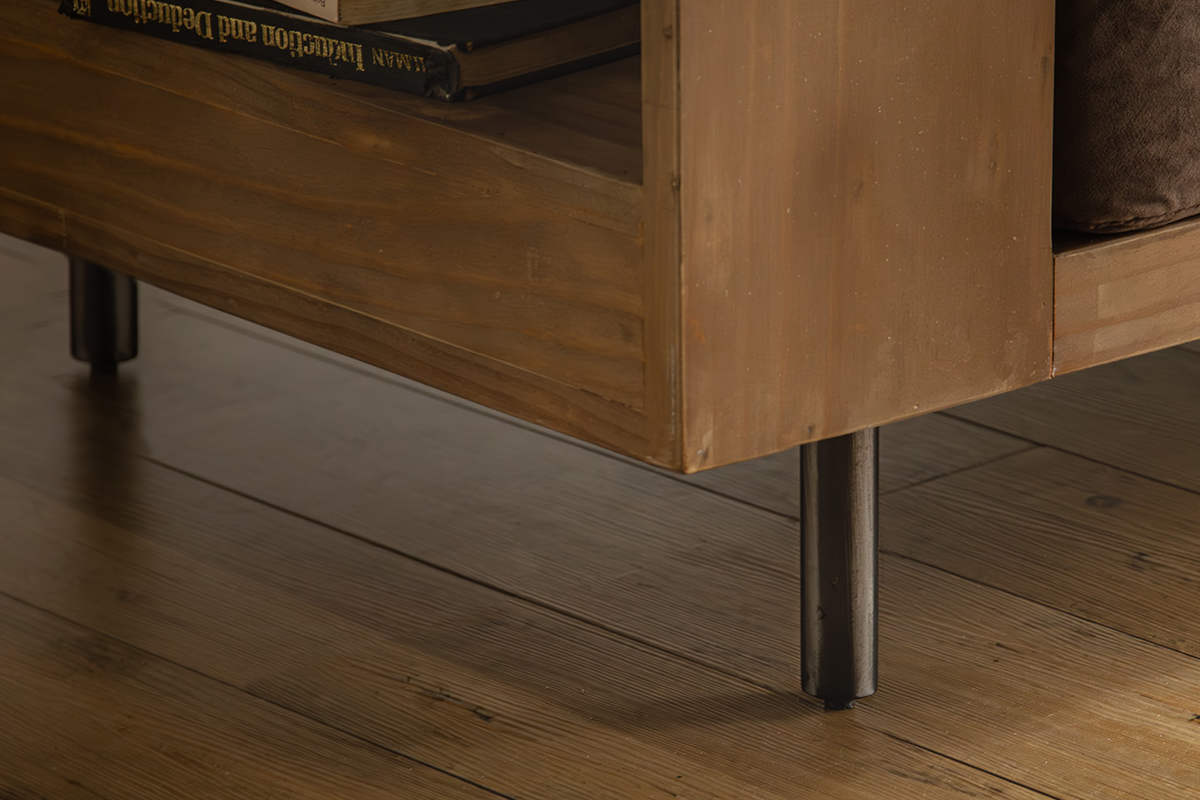 ソファ 幅198cm 2.5人掛け ジーク ラック付き ( リビングソファ 木製フレーム ソファー 完成品 木製 天然木 ヴィンテージ調 肘掛け サイド収納 棚付き ファブリック スチール脚 耐荷重100kg 丈夫 sofa ) 【ライトグレー】 ライトグレー