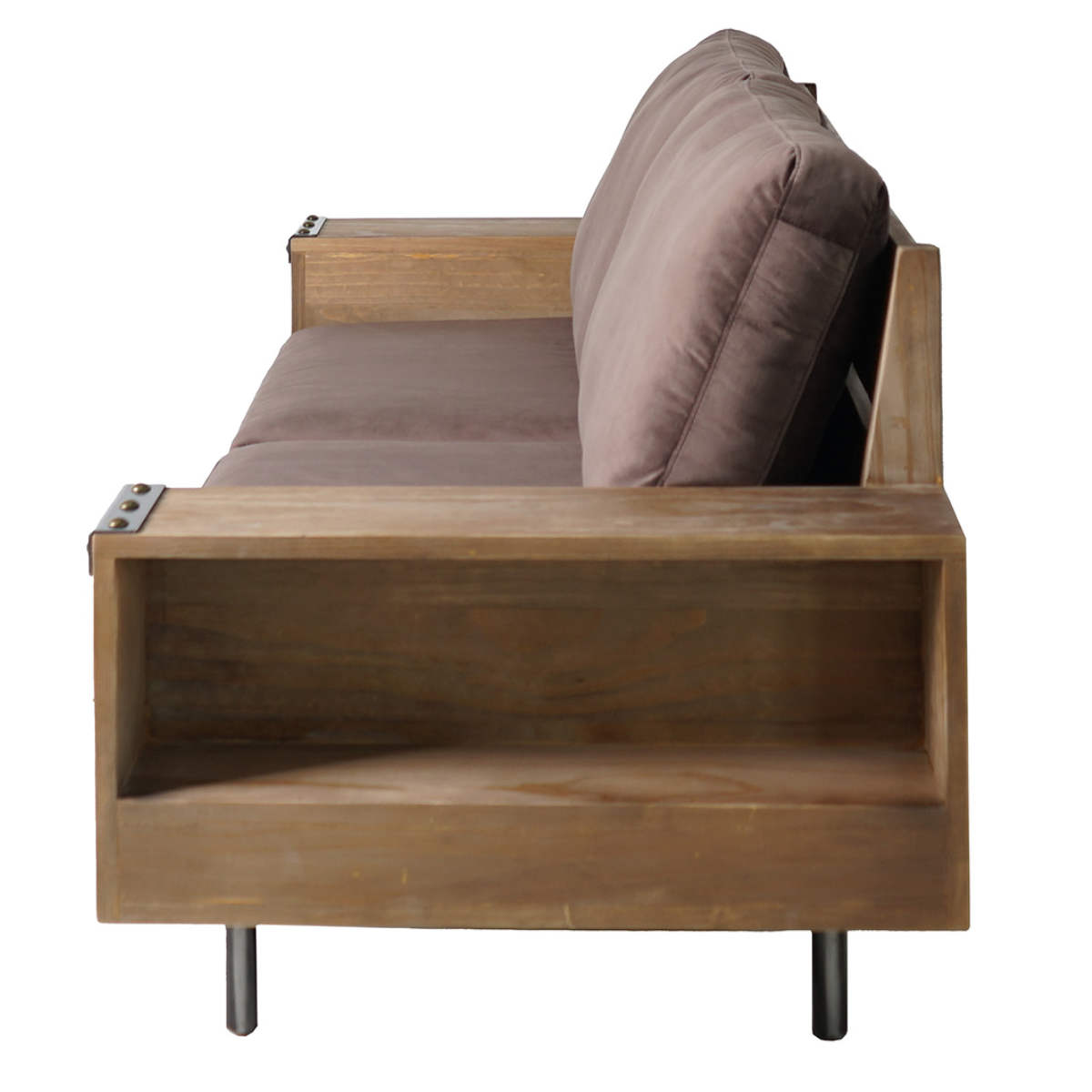 ソファ 幅198cm 2.5人掛け ジーク ラック付き ( リビングソファ 木製フレーム ソファー 完成品 木製 天然木 ヴィンテージ調 肘掛け サイド収納 棚付き ファブリック スチール脚 耐荷重100kg 丈夫 sofa ) 【ライトグレー】 ライトグレー