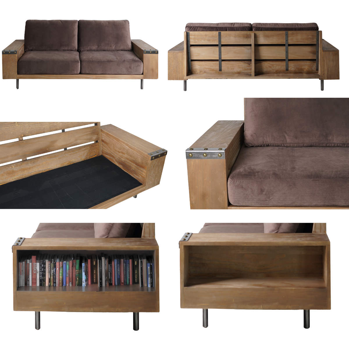 ソファ 幅198cm 2.5人掛け ジーク ラック付き ( リビングソファ 木製フレーム ソファー 完成品 木製 天然木 ヴィンテージ調 肘掛け サイド収納 棚付き ファブリック スチール脚 耐荷重100kg 丈夫 sofa ) 【ライトグレー】 ライトグレー