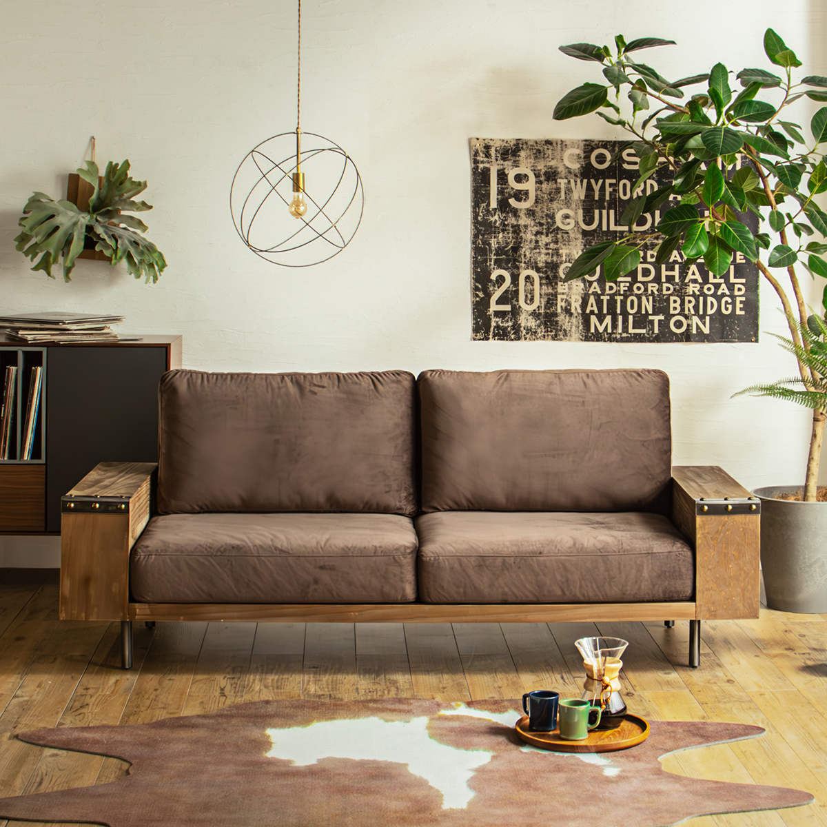 ソファ 幅198cm 2.5人掛け ジーク ラック付き ( リビングソファ 木製フレーム ソファー 完成品 木製 天然木 ヴィンテージ調 肘掛け サイド収納 棚付き ファブリック スチール脚 耐荷重100kg 丈夫 sofa ) 【ライトグレー】 ライトグレー