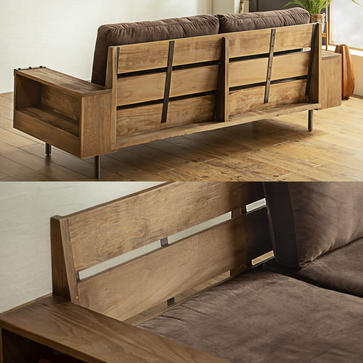 ソファ 幅230cm 3人掛け ジーク ラック付き ( リビングソファ 木製フレーム ソファー 完成品 木製 天然木 ヴィンテージ調 肘掛け サイド収納 棚付き ファブリック スチール脚 耐荷重100kg 丈夫 sofa ) 【ブラウン】 ブラウン