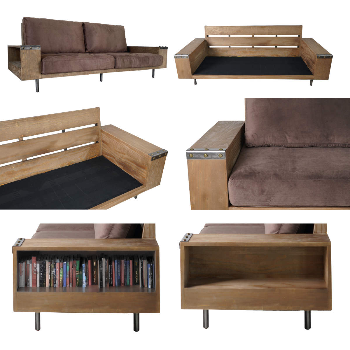 ソファ 幅230cm 3人掛け ジーク ラック付き ( リビングソファ 木製フレーム ソファー 完成品 木製 天然木 ヴィンテージ調 肘掛け サイド収納 棚付き ファブリック スチール脚 耐荷重100kg 丈夫 sofa ) 【ブラウン】 ブラウン