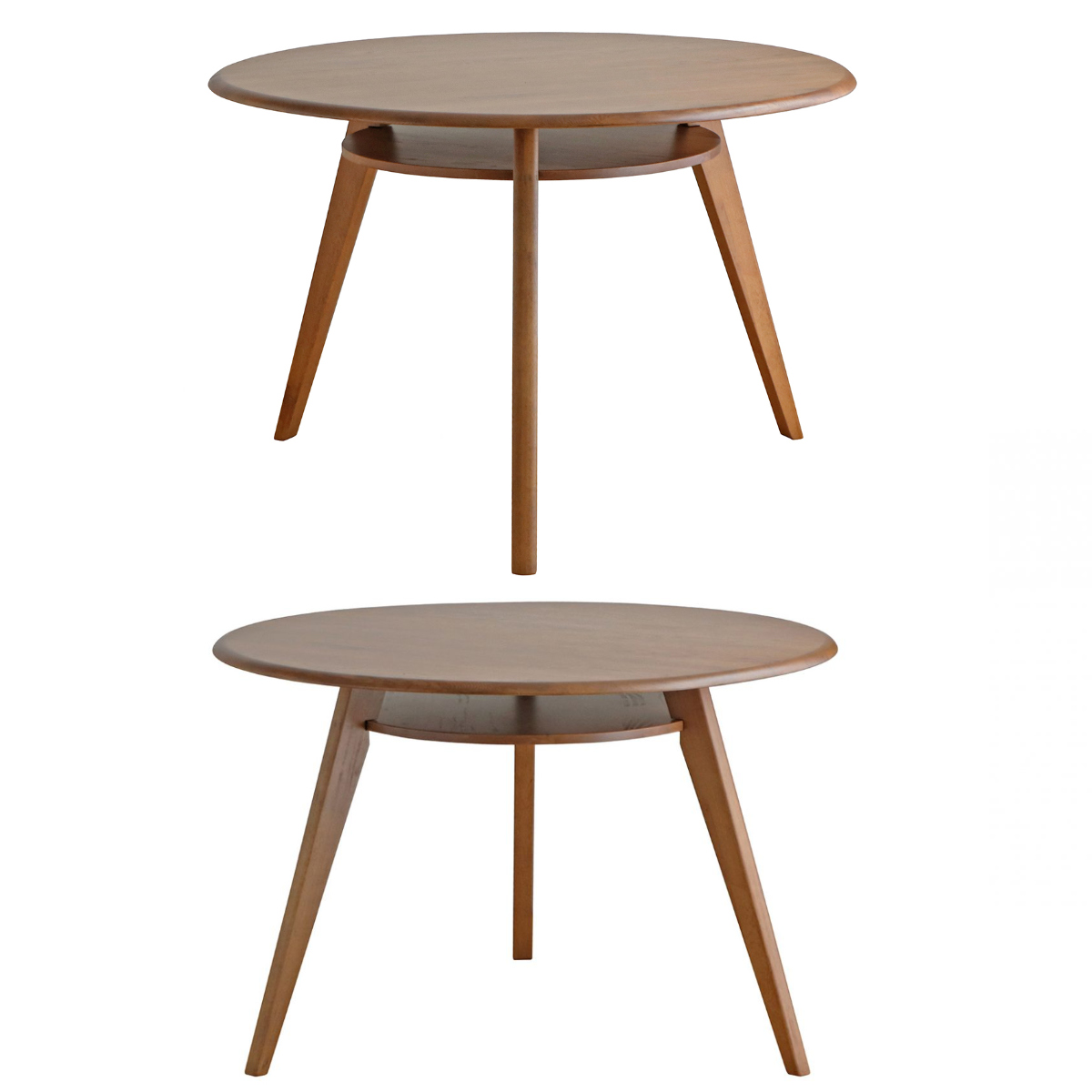 ダイニングテーブル直径110cm 円形 木製 リガラ 3本脚 ( テーブル 食卓テーブル 丸 机 円型 3人 ダイニング 食卓 天然木 オーク 木製テーブル 棚付き 棚板 収納 ウッドテーブル 丸テーブル 円卓 )