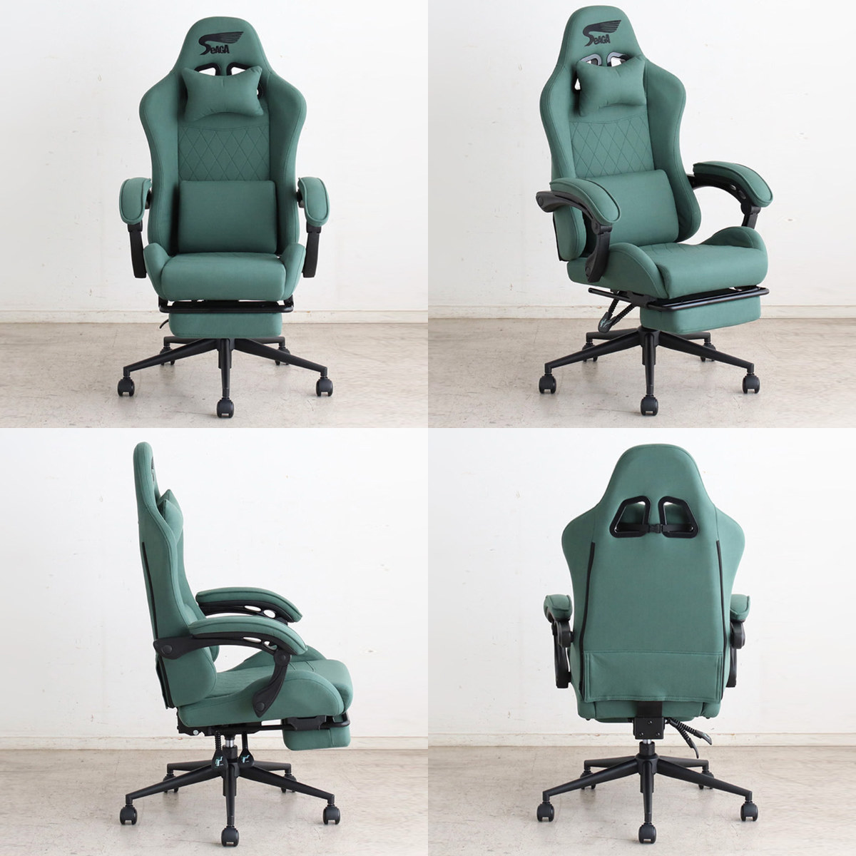 ゲーミングチェア 座面高47.5~53cm フットレスト付き SeAGA ( チェア ゲーム 椅子 リクライニング 170度 デスクチェア 肘置き 極厚座面 疲れにくい ネッククッション付き ランバーサポート 高さ調整 レザー調 ファブリック ) 【ブラック】 ブラック