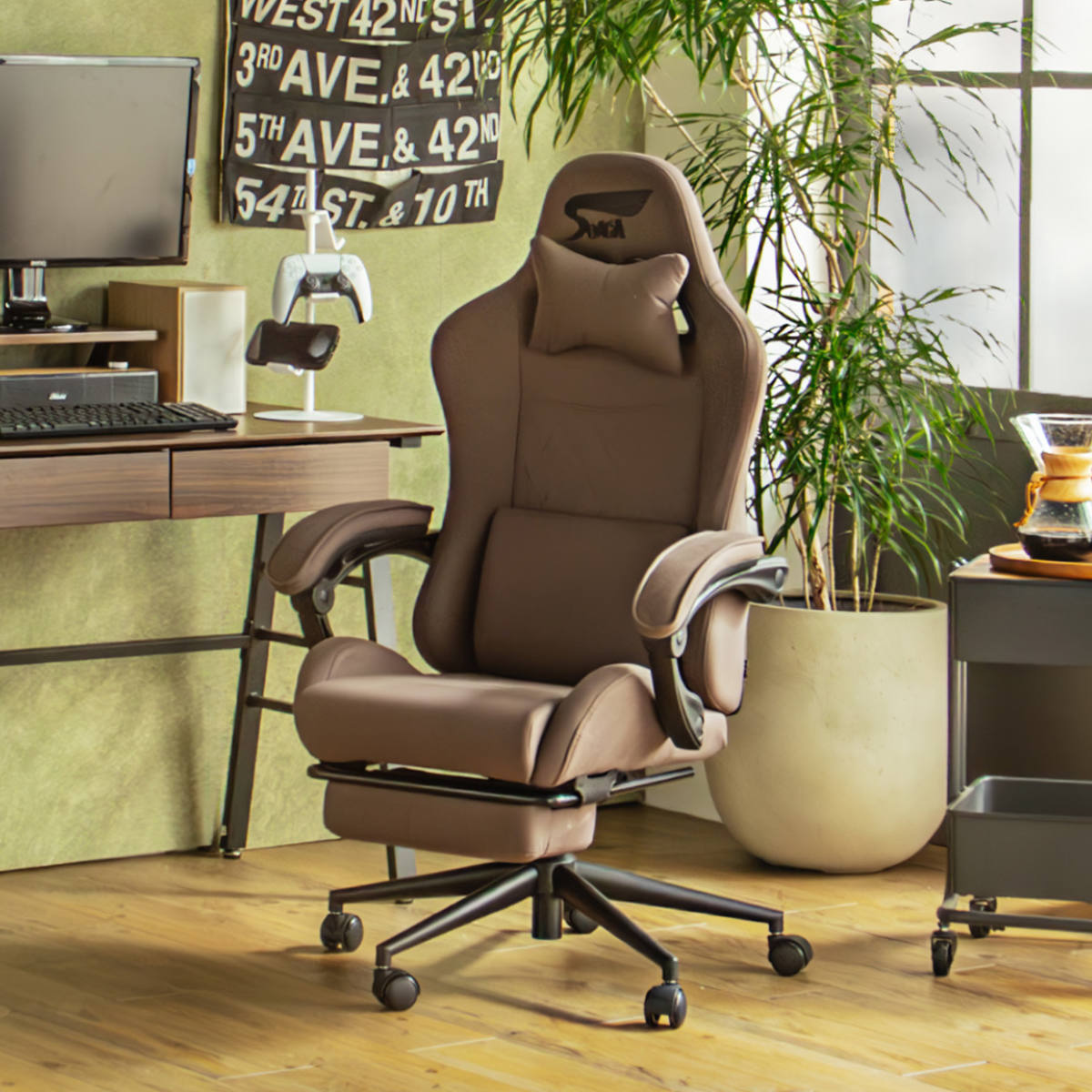 ゲーミングチェア 座面高47.5~53cm フットレスト付き SeAGA ( チェア ゲーム 椅子 リクライニング 170度 デスクチェア 肘置き 極厚座面 疲れにくい ネッククッション付き ランバーサポート 高さ調整 レザー調 ファブリック ) 【ブラック】 ブラック