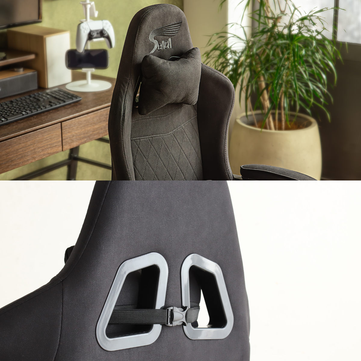 ゲーミングチェア 座面高47.5~53cm フットレスト付き SeAGA ( チェア ゲーム 椅子 リクライニング 170度 デスクチェア 肘置き 極厚座面 疲れにくい ネッククッション付き ランバーサポート 高さ調整 レザー調 ファブリック ) 【ブラック】 ブラック