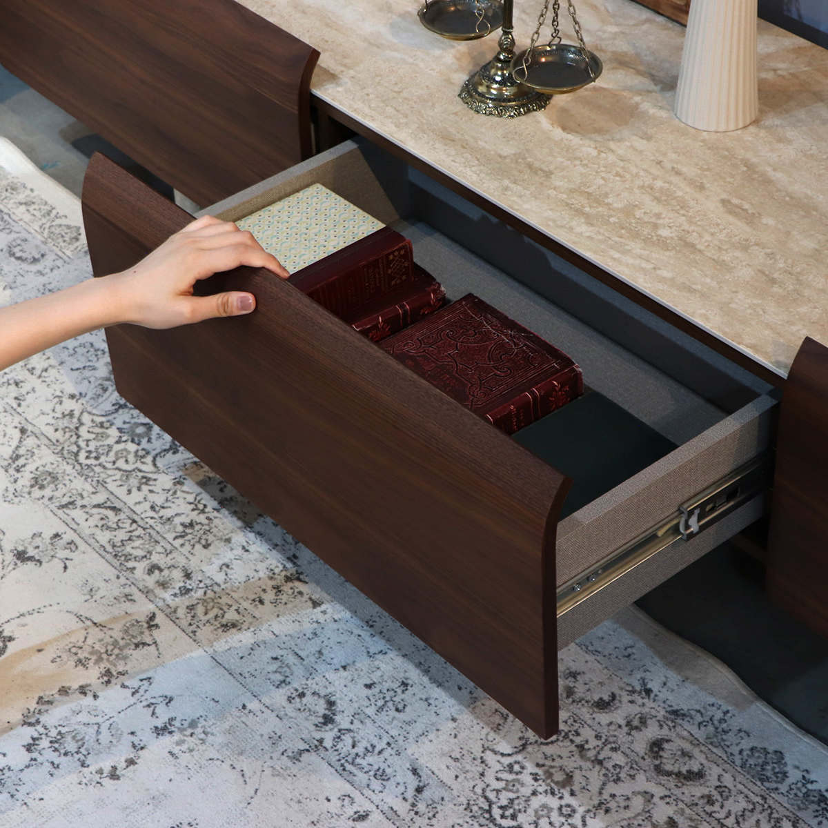 テレビ台 幅179.9cm ローボード ビオランテ 突板 ウォールナット ( TV台 テレビボード 石目調 大容量 スライドレール リビングボード 引き出し 大型テレビ対応 飾り棚 )